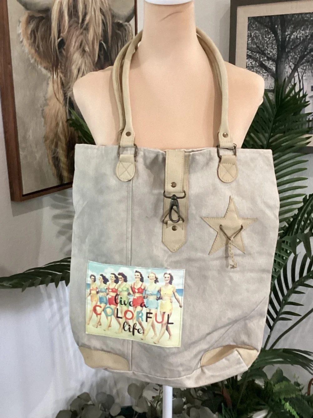 Neutral Beige Canvas Tote with Star Accent